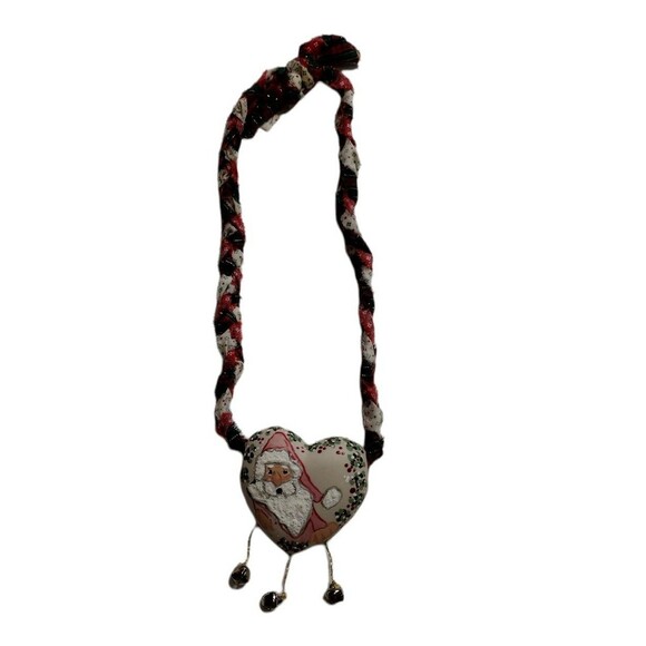 VTG Santa Christmas Hanging Decor Ceramic Santa Hand Painted Bells Cloth Braided - Picture 2 of 4